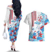 Hawaiian Tribal Manta Ray Couples Matching Off The Shoulder Long Sleeve Dress and Hawaiian Shirt Kakau Tattoo and Flowers Surfing Waves Pattern Ocean Color