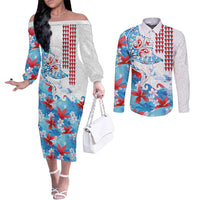 Hawaiian Tribal Manta Ray Couples Matching Off The Shoulder Long Sleeve Dress and Long Sleeve Button Shirt Kakau Tattoo and Flowers Surfing Waves Pattern Ocean Color