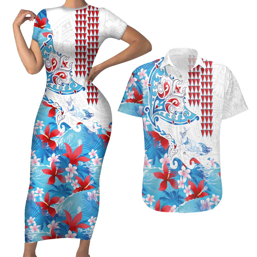 Hawaiian Tribal Manta Ray Couples Matching Short Sleeve Bodycon Dress and Hawaiian Shirt Kakau Tattoo and Flowers Surfing Waves Pattern Ocean Color
