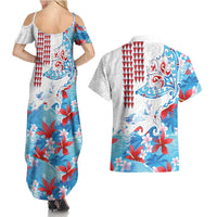 Hawaiian Tribal Manta Ray Couples Matching Summer Maxi Dress and Hawaiian Shirt Kakau Tattoo and Flowers Surfing Waves Pattern Ocean Color