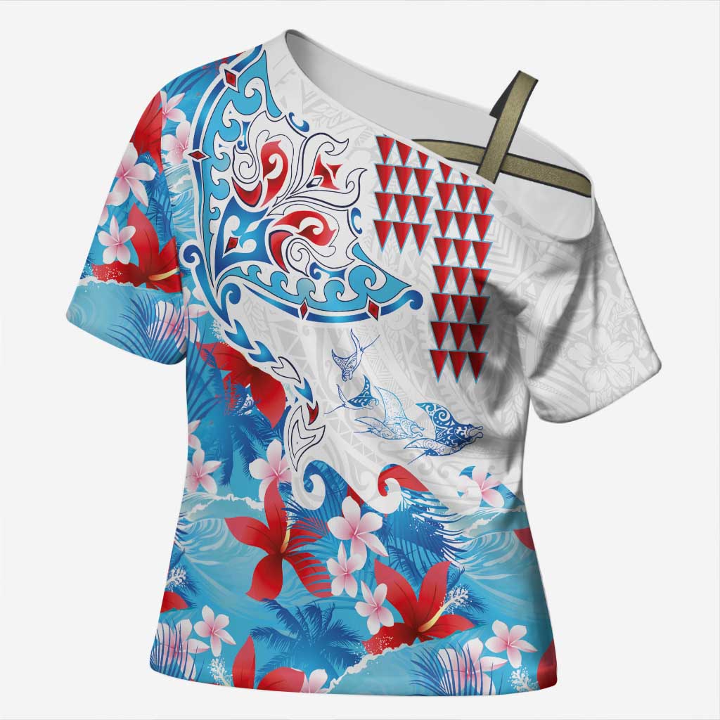 Hawaiian Tribal Manta Ray Cross Shoulder Shirt Kakau Tattoo and Flowers Surfing Waves Pattern Ocean Color LT03 Female Multicolor - Polynesian Pride