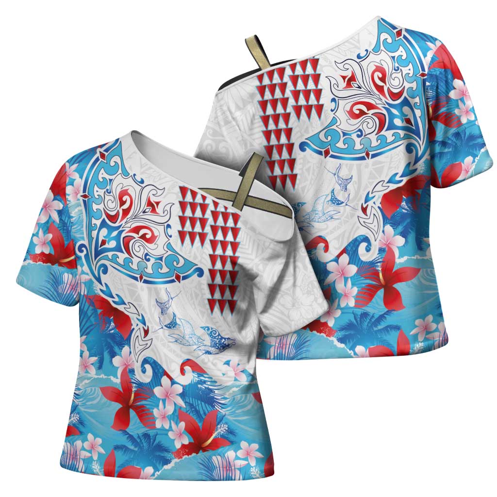 Hawaiian Tribal Manta Ray Cross Shoulder Shirt Kakau Tattoo and Flowers Surfing Waves Pattern Ocean Color LT03 - Polynesian Pride
