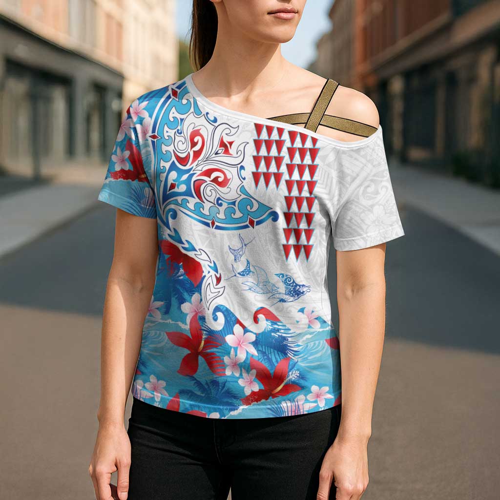 Hawaiian Tribal Manta Ray Cross Shoulder Shirt Kakau Tattoo and Flowers Surfing Waves Pattern Ocean Color LT03 - Polynesian Pride