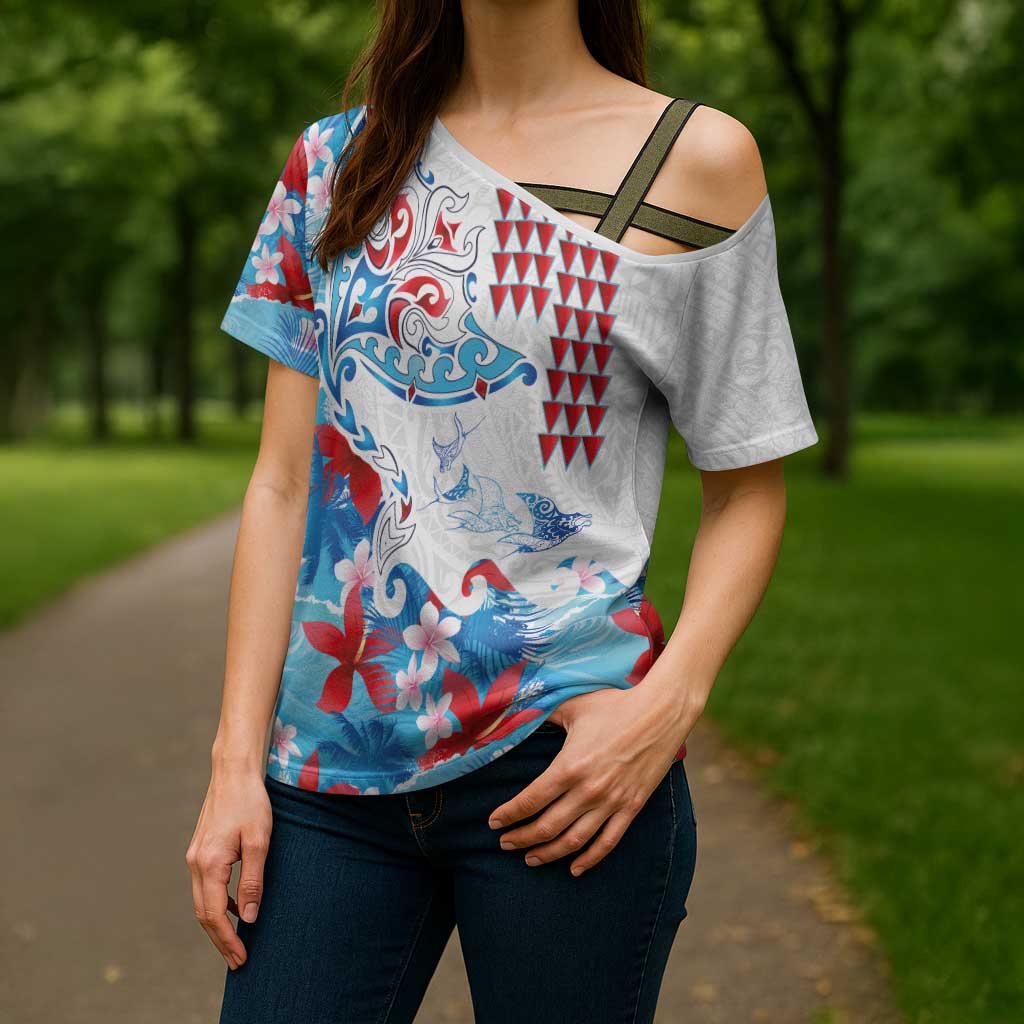 Hawaiian Tribal Manta Ray Cross Shoulder Shirt Kakau Tattoo and Flowers Surfing Waves Pattern Ocean Color LT03 - Polynesian Pride