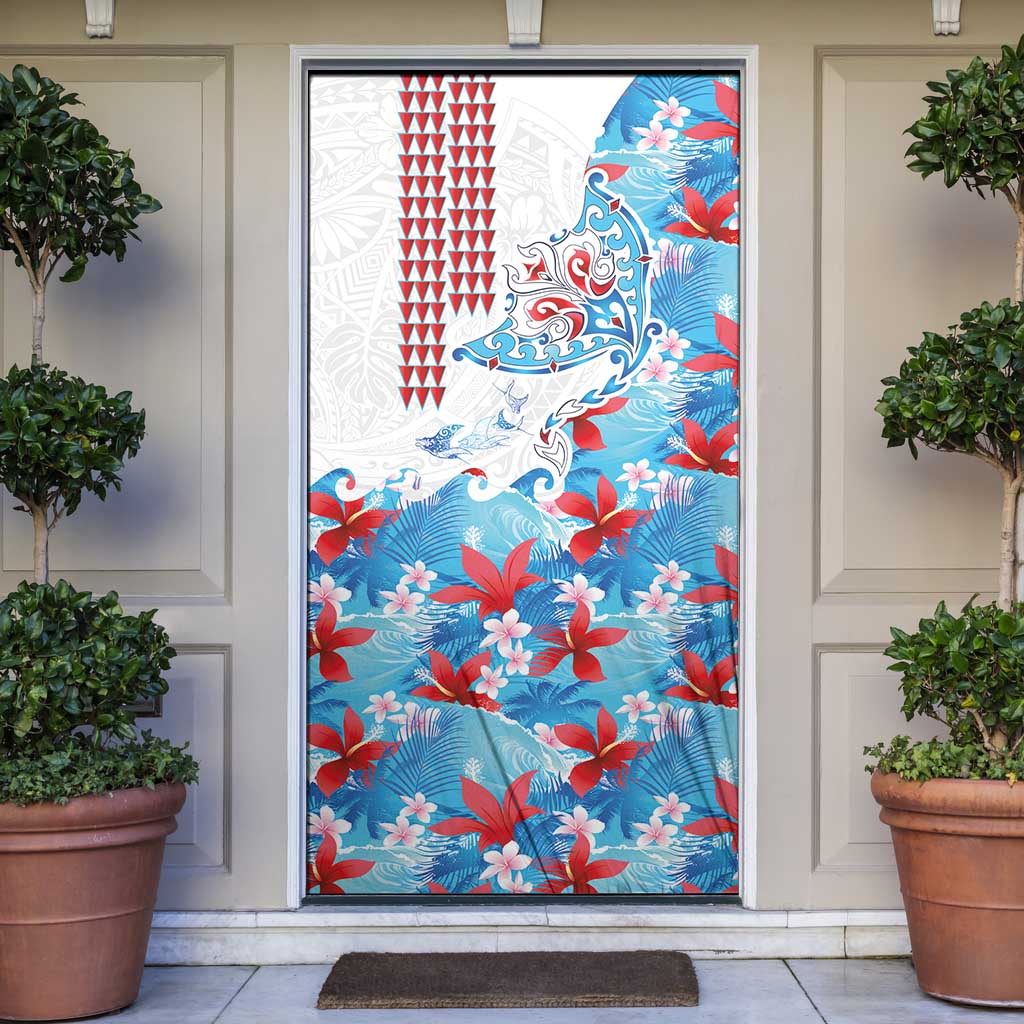 Hawaiian Tribal Manta Ray Door Cover Kakau Tattoo and Flowers Surfing Waves Pattern Ocean Color