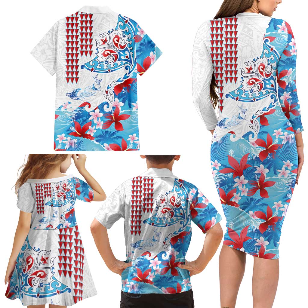 Hawaiian Tribal Manta Ray Family Matching Long Sleeve Bodycon Dress and Hawaiian Shirt Kakau Tattoo and Flowers Surfing Waves Pattern Ocean Color