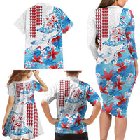 Hawaiian Tribal Manta Ray Family Matching Long Sleeve Bodycon Dress and Hawaiian Shirt Kakau Tattoo and Flowers Surfing Waves Pattern Ocean Color