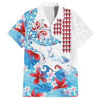 Hawaiian Tribal Manta Ray Family Matching Long Sleeve Bodycon Dress and Hawaiian Shirt Kakau Tattoo and Flowers Surfing Waves Pattern Ocean Color