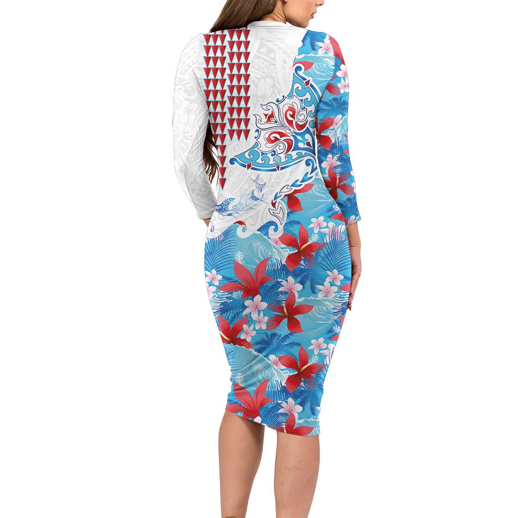 Hawaiian Tribal Manta Ray Family Matching Long Sleeve Bodycon Dress and Hawaiian Shirt Kakau Tattoo and Flowers Surfing Waves Pattern Ocean Color
