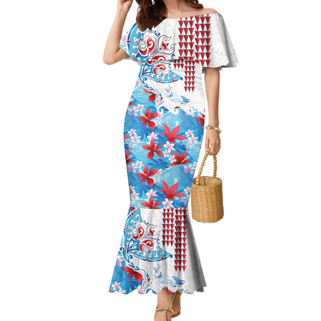 Hawaiian Tribal Manta Ray Family Matching Mermaid Dress and Hawaiian Shirt Kakau Tattoo and Flowers Surfing Waves Pattern Ocean Color