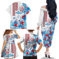Hawaiian Tribal Manta Ray Family Matching Off The Shoulder Long Sleeve Dress and Hawaiian Shirt Kakau Tattoo and Flowers Surfing Waves Pattern Ocean Color