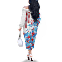 Hawaiian Tribal Manta Ray Family Matching Off The Shoulder Long Sleeve Dress and Hawaiian Shirt Kakau Tattoo and Flowers Surfing Waves Pattern Ocean Color