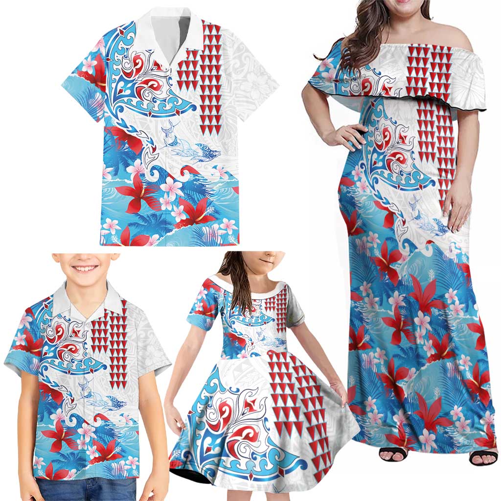 Hawaiian Tribal Manta Ray Family Matching Off Shoulder Maxi Dress and Hawaiian Shirt Kakau Tattoo and Flowers Surfing Waves Pattern Ocean Color