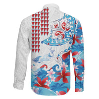 Hawaiian Tribal Manta Ray Family Matching Off Shoulder Maxi Dress and Hawaiian Shirt Kakau Tattoo and Flowers Surfing Waves Pattern Ocean Color