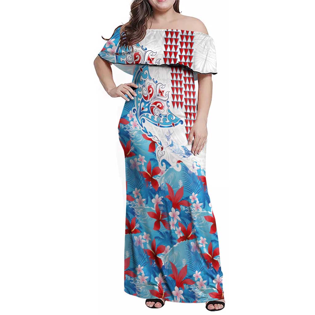 Hawaiian Tribal Manta Ray Family Matching Off Shoulder Maxi Dress and Hawaiian Shirt Kakau Tattoo and Flowers Surfing Waves Pattern Ocean Color