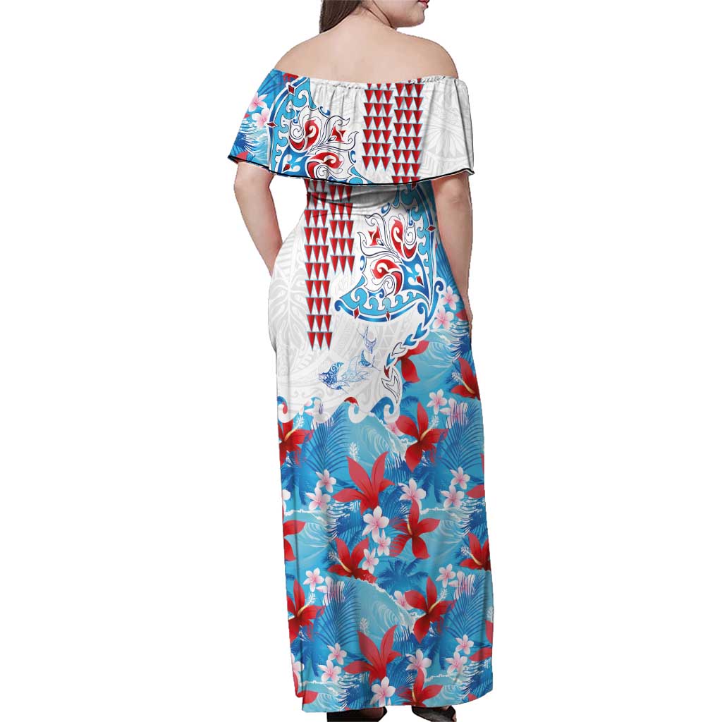 Hawaiian Tribal Manta Ray Family Matching Off Shoulder Maxi Dress and Hawaiian Shirt Kakau Tattoo and Flowers Surfing Waves Pattern Ocean Color