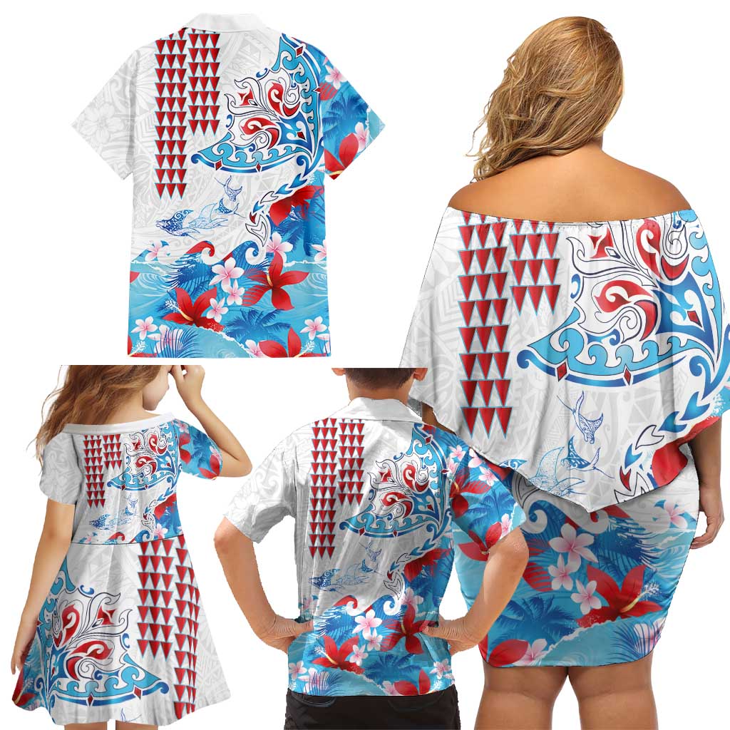 Hawaiian Tribal Manta Ray Family Matching Off Shoulder Short Dress and Hawaiian Shirt Kakau Tattoo and Flowers Surfing Waves Pattern Ocean Color