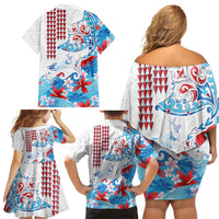 Hawaiian Tribal Manta Ray Family Matching Off Shoulder Short Dress and Hawaiian Shirt Kakau Tattoo and Flowers Surfing Waves Pattern Ocean Color