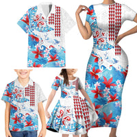 Hawaiian Tribal Manta Ray Family Matching Short Sleeve Bodycon Dress and Hawaiian Shirt Kakau Tattoo and Flowers Surfing Waves Pattern Ocean Color