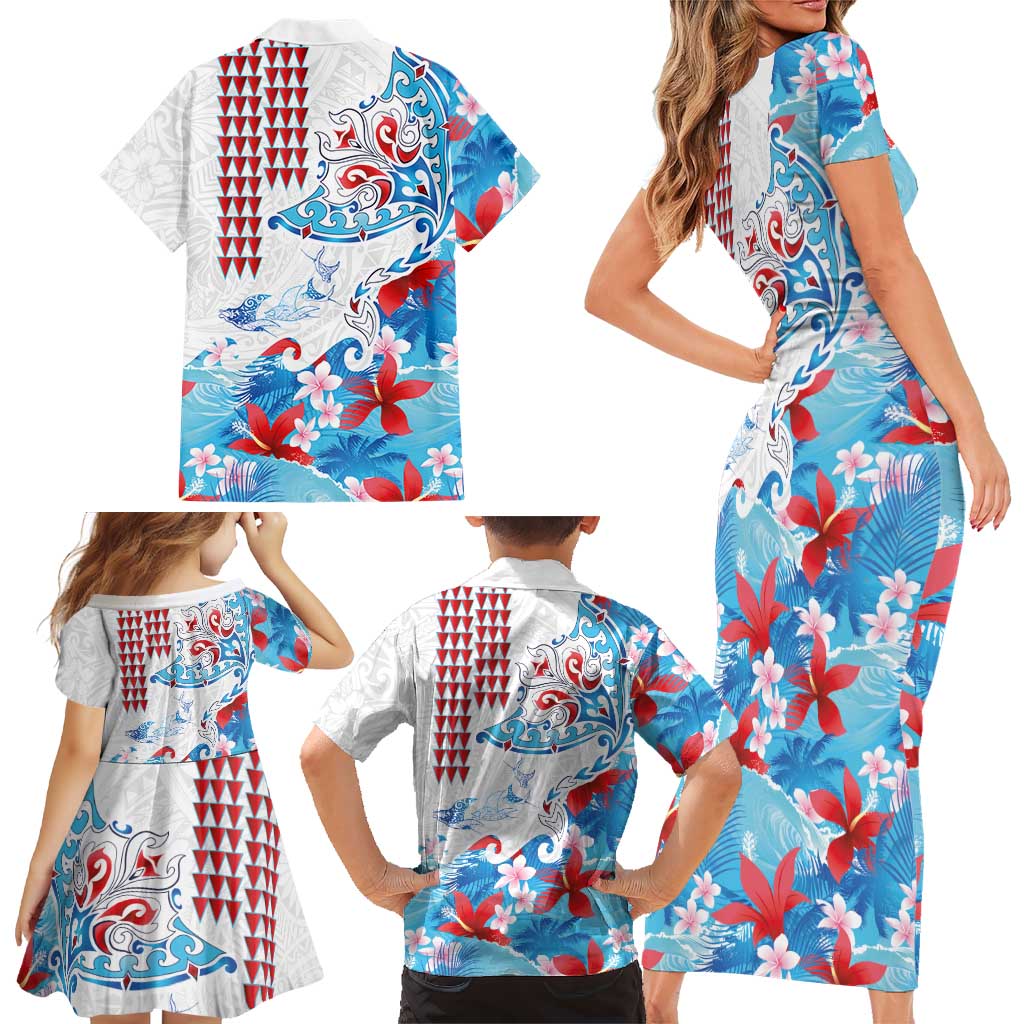 Hawaiian Tribal Manta Ray Family Matching Short Sleeve Bodycon Dress and Hawaiian Shirt Kakau Tattoo and Flowers Surfing Waves Pattern Ocean Color