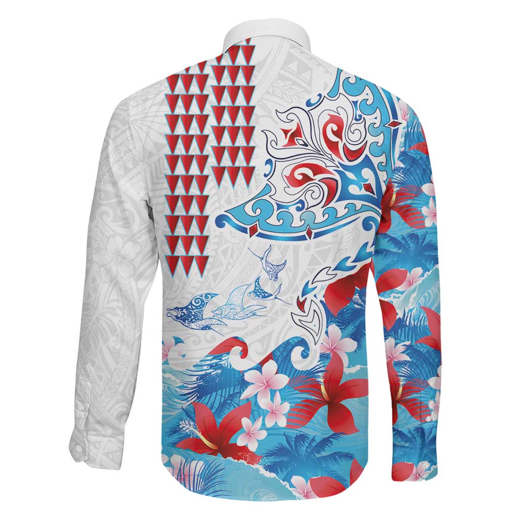 Hawaiian Tribal Manta Ray Family Matching Short Sleeve Bodycon Dress and Hawaiian Shirt Kakau Tattoo and Flowers Surfing Waves Pattern Ocean Color