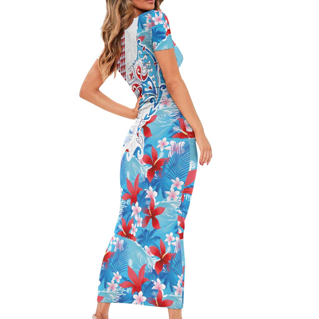 Hawaiian Tribal Manta Ray Family Matching Short Sleeve Bodycon Dress and Hawaiian Shirt Kakau Tattoo and Flowers Surfing Waves Pattern Ocean Color
