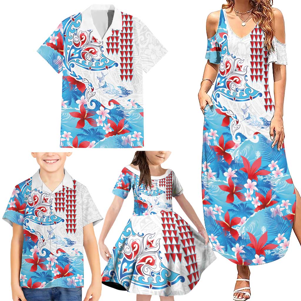 Hawaiian Tribal Manta Ray Family Matching Summer Maxi Dress and Hawaiian Shirt Kakau Tattoo and Flowers Surfing Waves Pattern Ocean Color