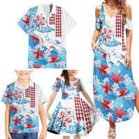 Hawaiian Tribal Manta Ray Family Matching Summer Maxi Dress and Hawaiian Shirt Kakau Tattoo and Flowers Surfing Waves Pattern Ocean Color