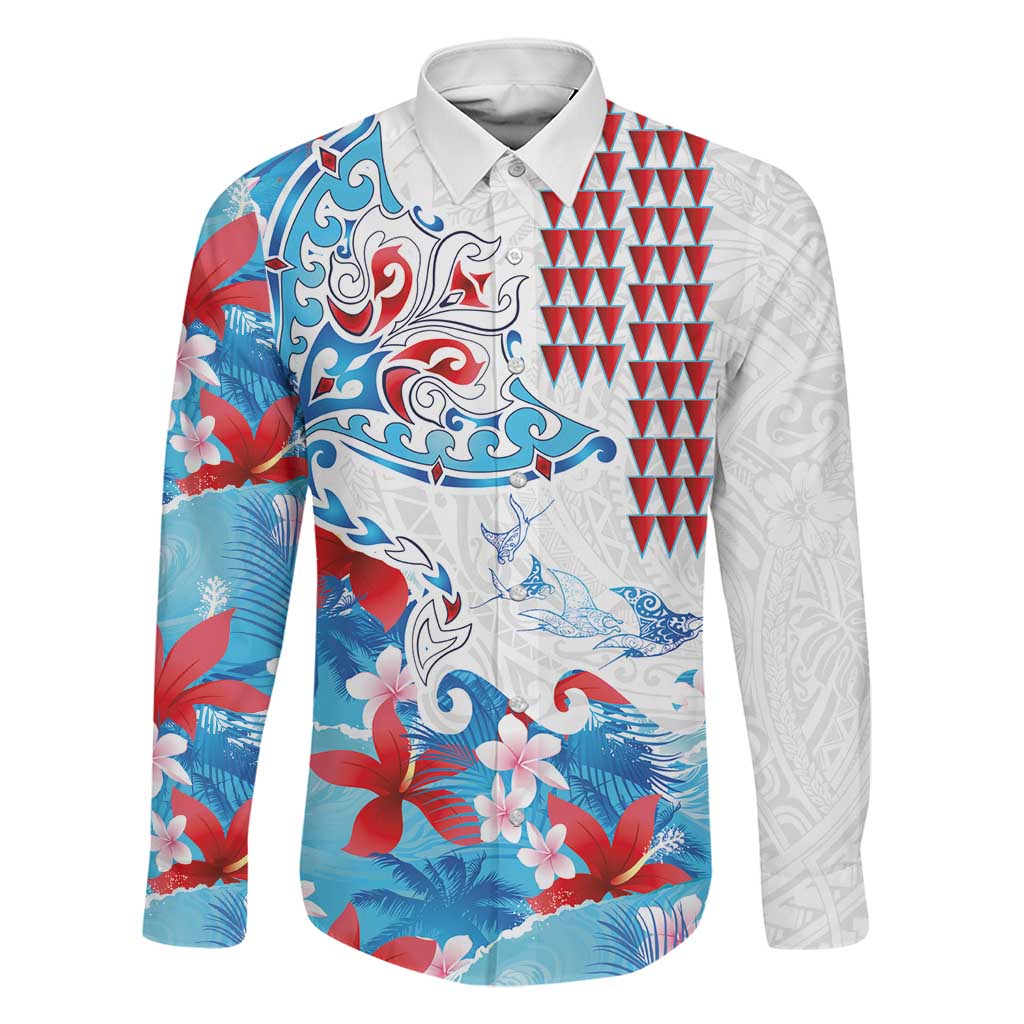 Hawaiian Tribal Manta Ray Family Matching Summer Maxi Dress and Hawaiian Shirt Kakau Tattoo and Flowers Surfing Waves Pattern Ocean Color