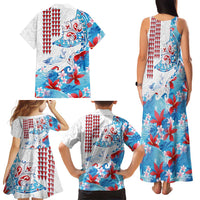 Hawaiian Tribal Manta Ray Family Matching Tank Maxi Dress and Hawaiian Shirt Kakau Tattoo and Flowers Surfing Waves Pattern Ocean Color