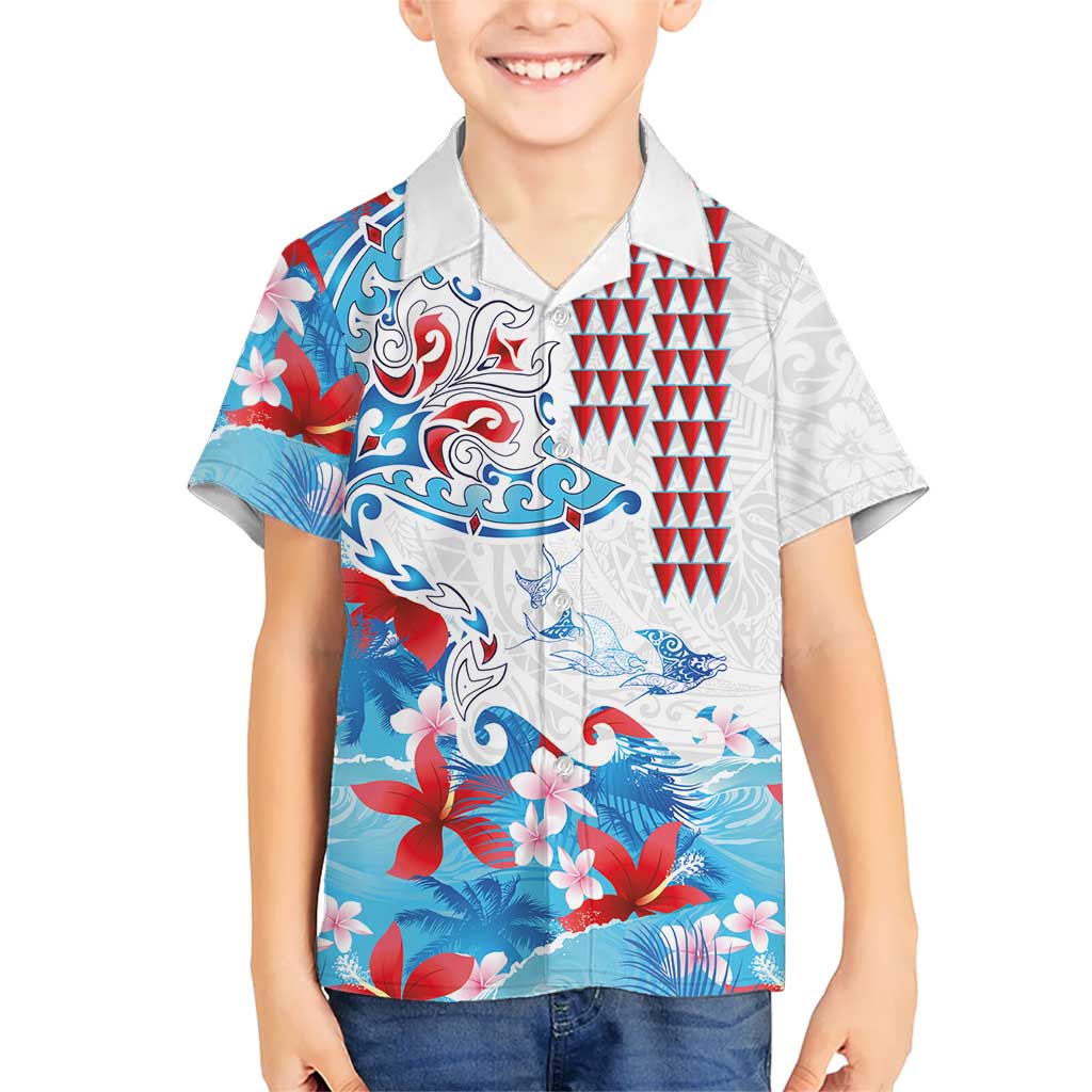 Hawaiian Tribal Manta Ray Hawaiian Shirt Kakau Tattoo and Flowers Surfing Waves Pattern Ocean Color LT03 - Polynesian Pride