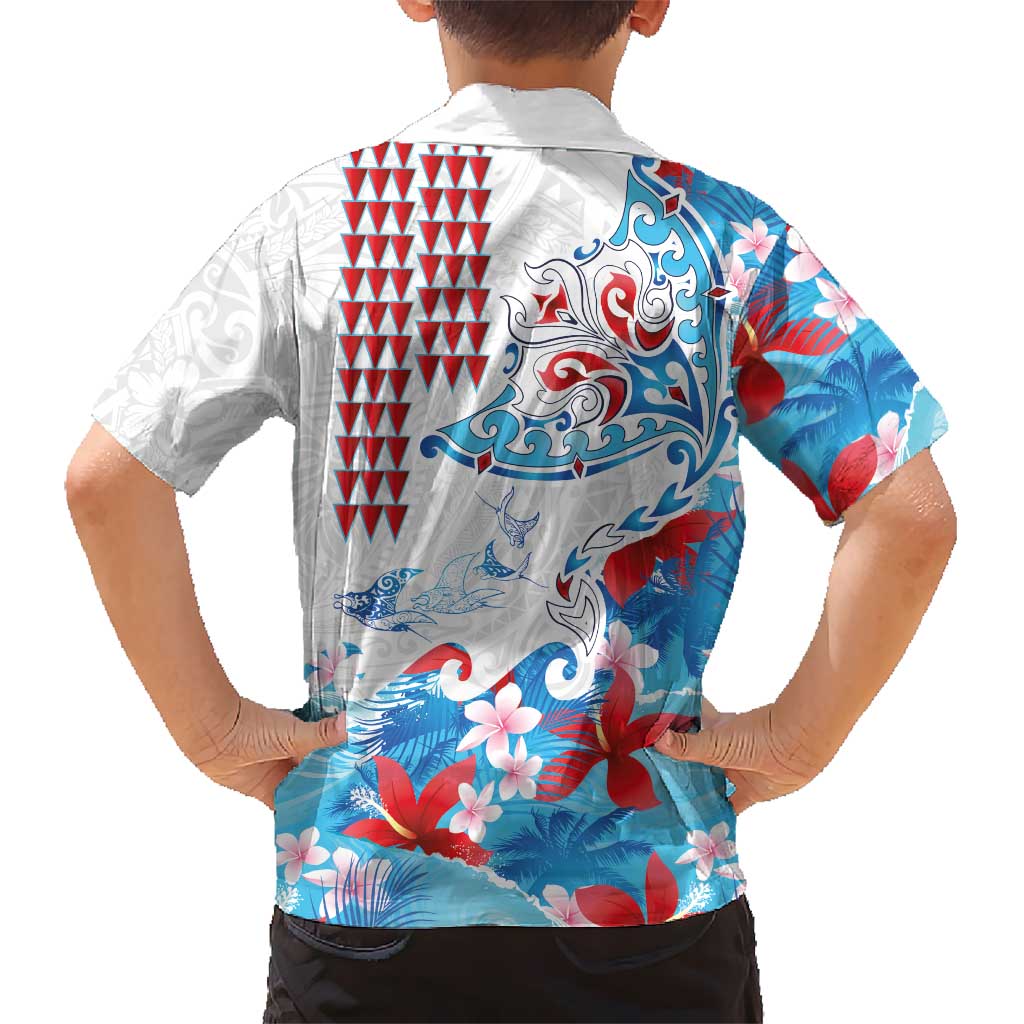 Hawaiian Tribal Manta Ray Hawaiian Shirt Kakau Tattoo and Flowers Surfing Waves Pattern Ocean Color LT03 - Polynesian Pride