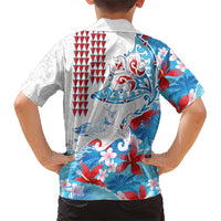 Hawaiian Tribal Manta Ray Hawaiian Shirt Kakau Tattoo and Flowers Surfing Waves Pattern Ocean Color LT03 - Polynesian Pride