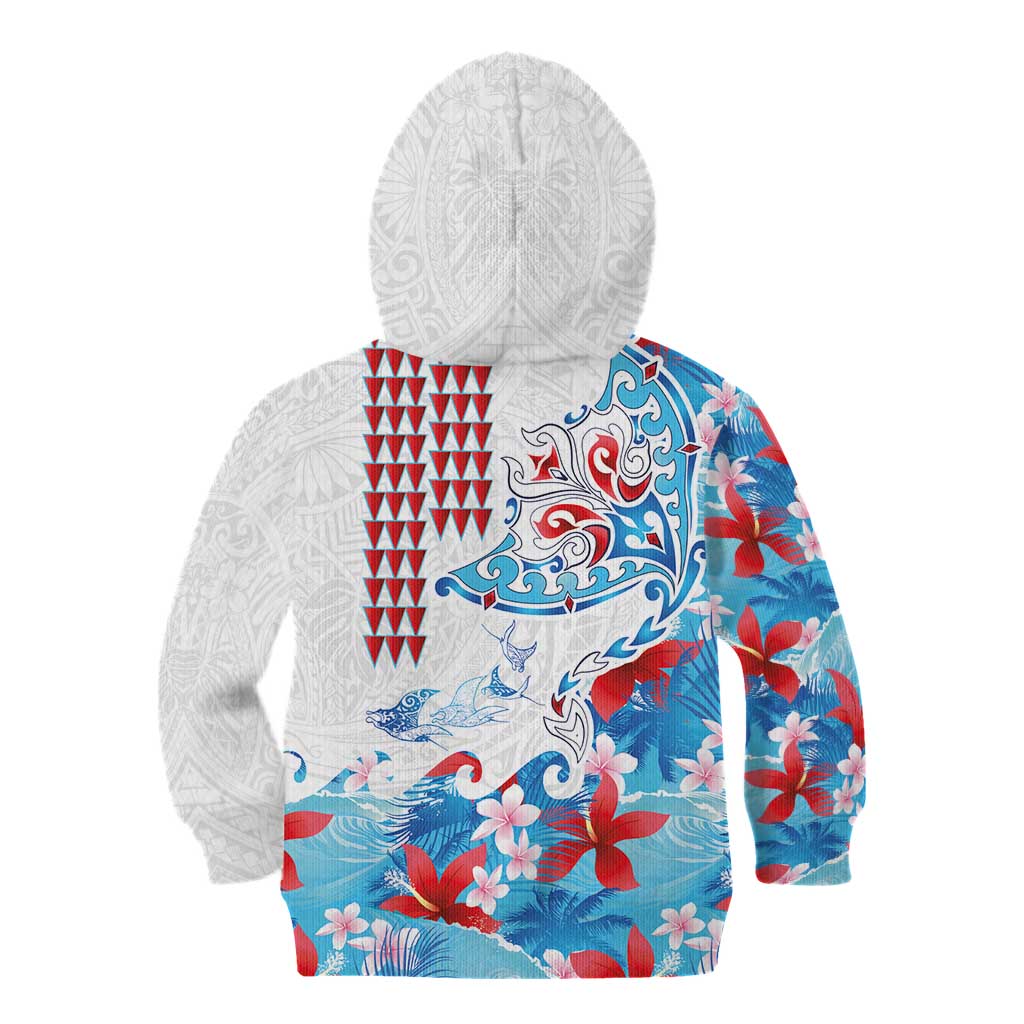 Hawaiian Tribal Manta Ray Kid Hoodie Kakau Tattoo and Flowers Surfing Waves Pattern Ocean Color