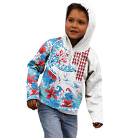 Hawaiian Tribal Manta Ray Kid Hoodie Kakau Tattoo and Flowers Surfing Waves Pattern Ocean Color