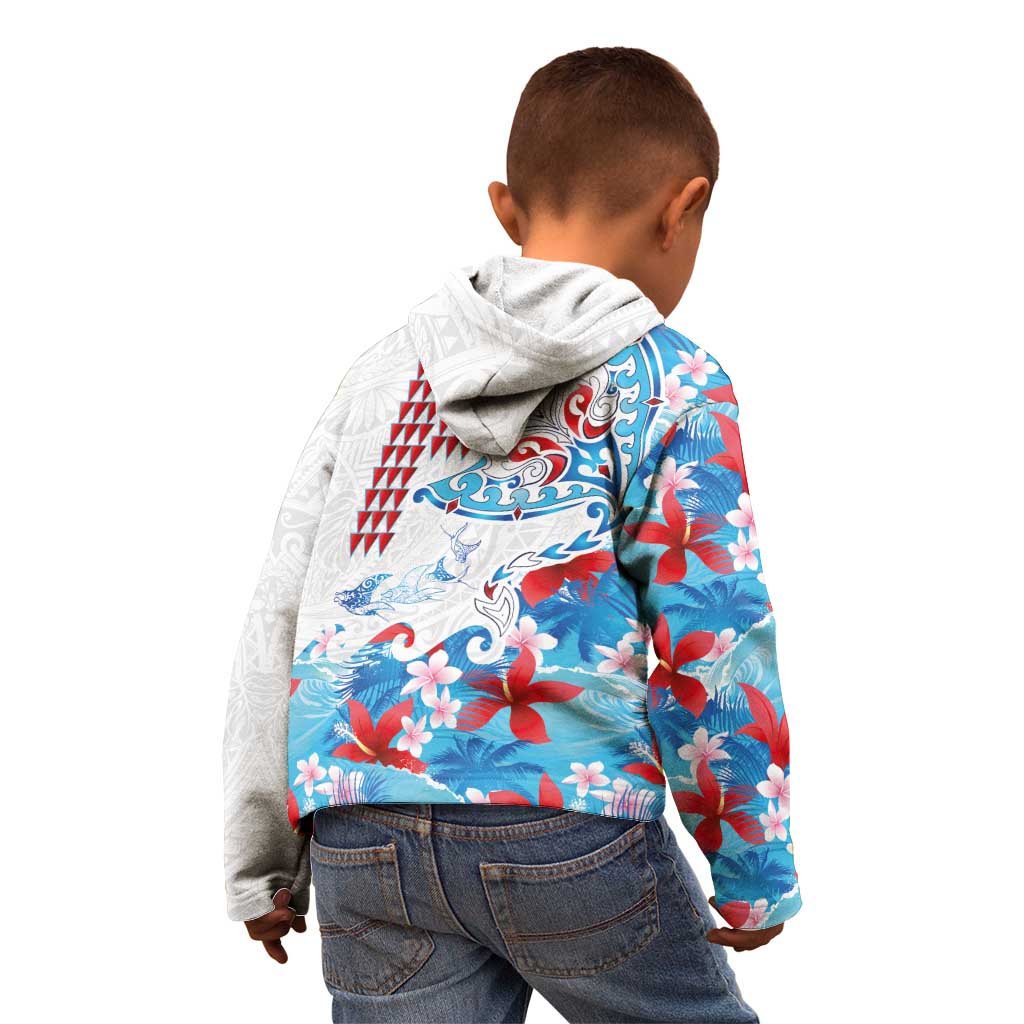Hawaiian Tribal Manta Ray Kid Hoodie Kakau Tattoo and Flowers Surfing Waves Pattern Ocean Color