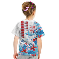 Hawaiian Tribal Manta Ray Kid T Shirt Kakau Tattoo and Flowers Surfing Waves Pattern Ocean Color LT03 - Polynesian Pride