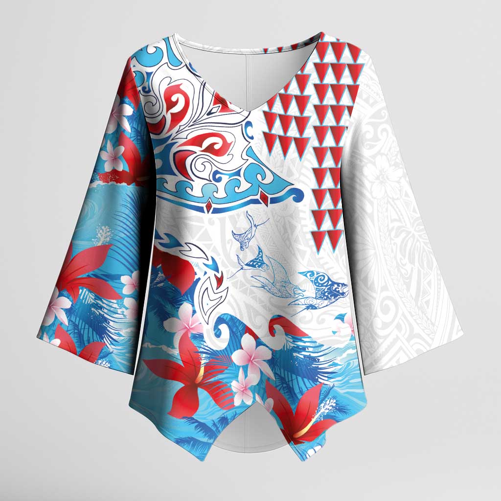 Hawaiian Tribal Manta Ray Kimono Sleeve Blouse Kakau Tattoo and Flowers Surfing Waves Pattern Ocean Color LT03 Female Multicolor - Polynesian Pride