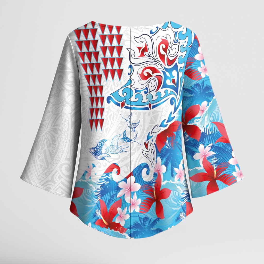 Hawaiian Tribal Manta Ray Kimono Sleeve Blouse Kakau Tattoo and Flowers Surfing Waves Pattern Ocean Color LT03 - Polynesian Pride