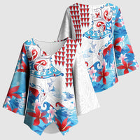 Hawaiian Tribal Manta Ray Kimono Sleeve Blouse Kakau Tattoo and Flowers Surfing Waves Pattern Ocean Color LT03 - Polynesian Pride