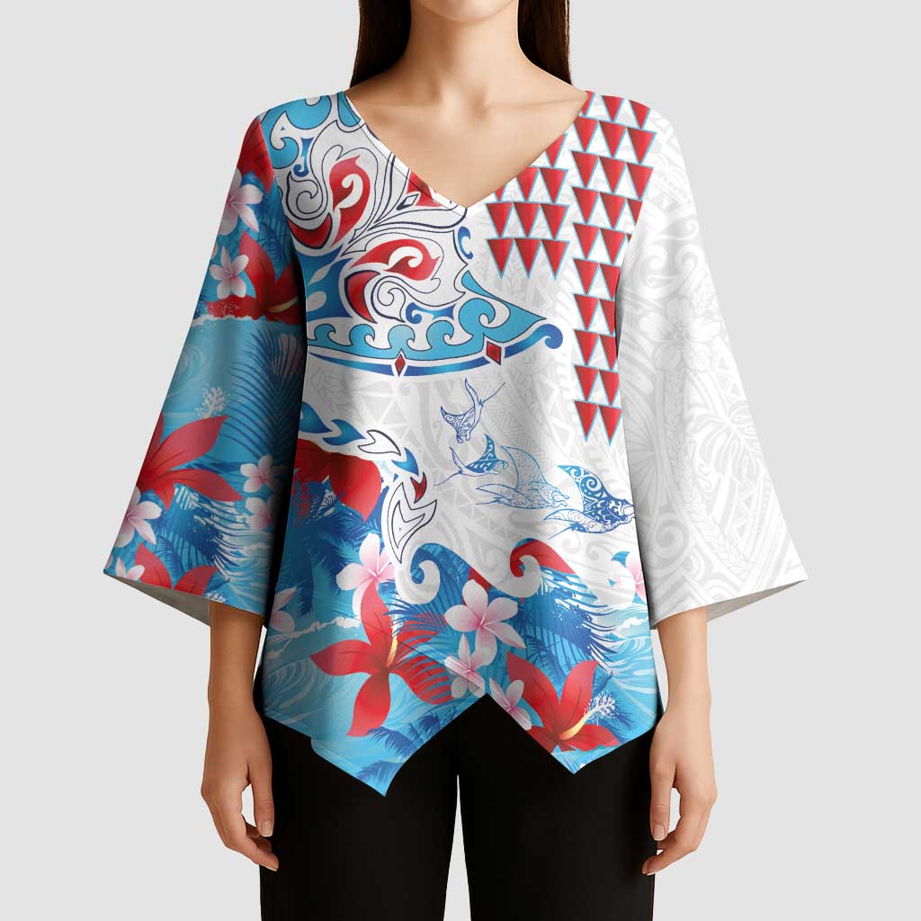 Hawaiian Tribal Manta Ray Kimono Sleeve Blouse Kakau Tattoo and Flowers Surfing Waves Pattern Ocean Color LT03 - Polynesian Pride