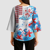 Hawaiian Tribal Manta Ray Kimono Sleeve Blouse Kakau Tattoo and Flowers Surfing Waves Pattern Ocean Color LT03 - Polynesian Pride
