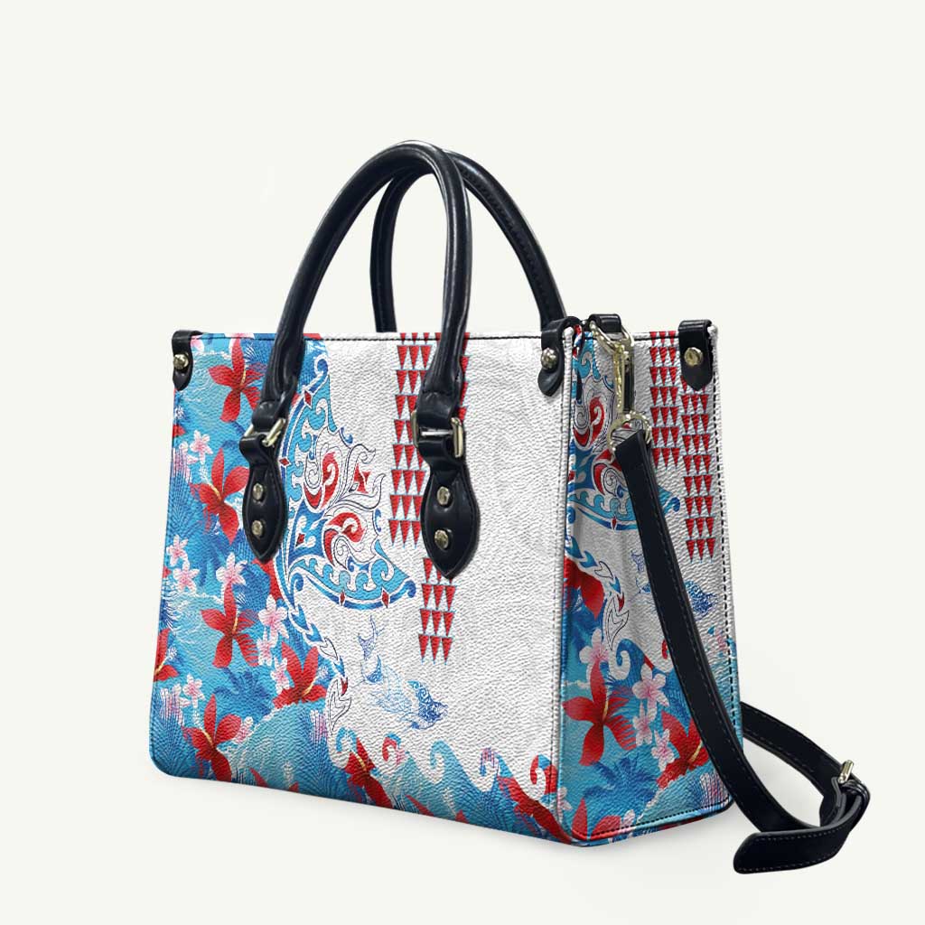 Hawaiian Tribal Manta Ray Leather Bag Kakau Tattoo and Flowers Surfing Waves Pattern Ocean Color