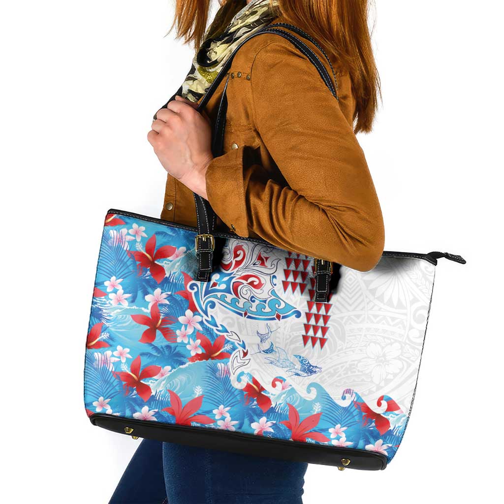 Hawaiian Tribal Manta Ray Leather Tote Bag Kakau Tattoo and Flowers Surfing Waves Pattern Ocean Color LT03 Multicolor - Polynesian Pride