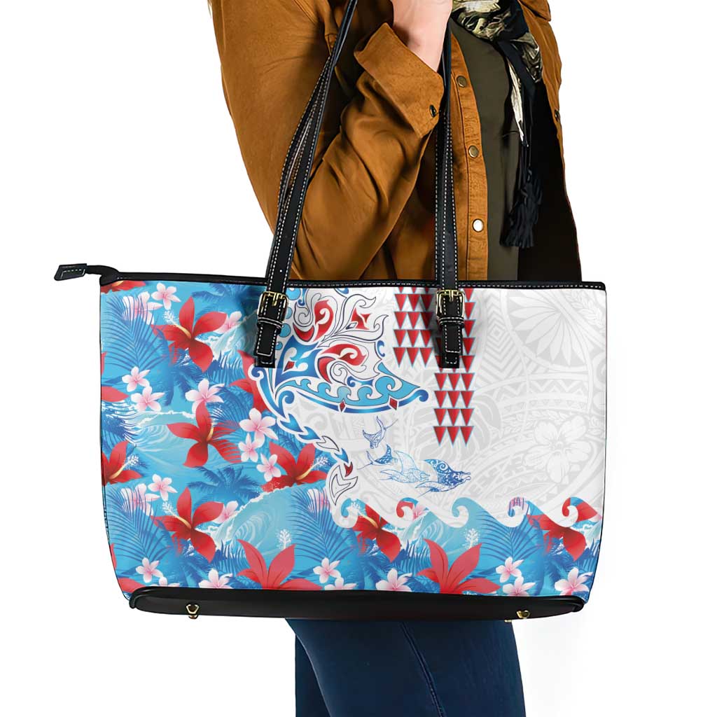 Hawaiian Tribal Manta Ray Leather Tote Bag Kakau Tattoo and Flowers Surfing Waves Pattern Ocean Color LT03 - Polynesian Pride