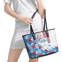 Hawaiian Tribal Manta Ray Leather Tote Bag Kakau Tattoo and Flowers Surfing Waves Pattern Ocean Color LT03 - Polynesian Pride