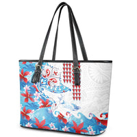 Hawaiian Tribal Manta Ray Leather Tote Bag Kakau Tattoo and Flowers Surfing Waves Pattern Ocean Color LT03 - Polynesian Pride