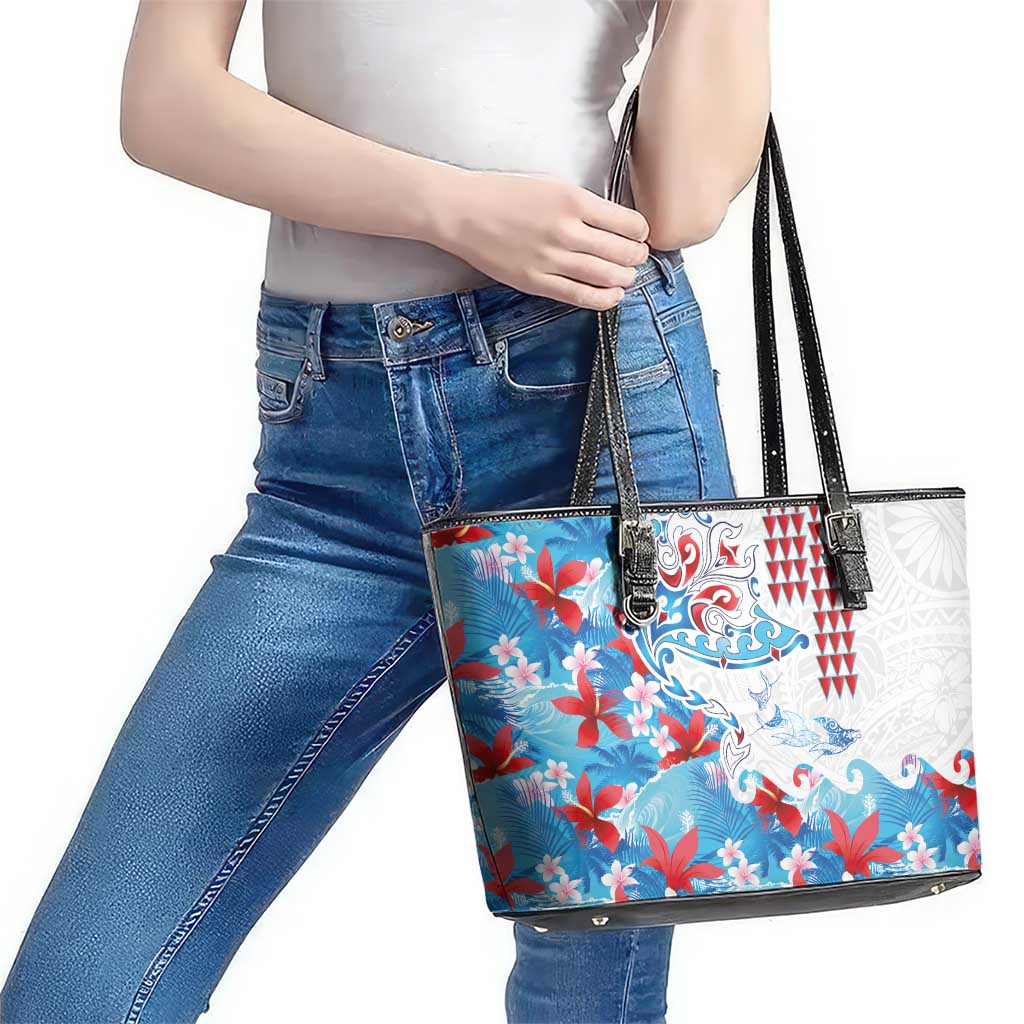 Hawaiian Tribal Manta Ray Leather Tote Bag Kakau Tattoo and Flowers Surfing Waves Pattern Ocean Color LT03 - Polynesian Pride