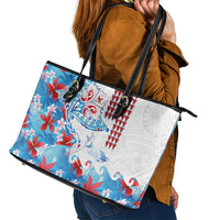 Hawaiian Tribal Manta Ray Leather Tote Bag Kakau Tattoo and Flowers Surfing Waves Pattern Ocean Color LT03 - Polynesian Pride
