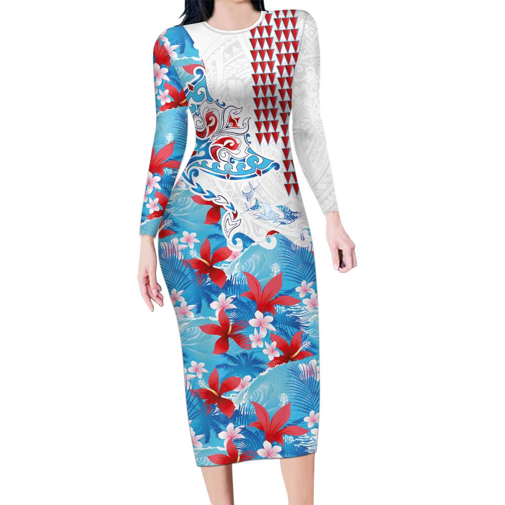 Hawaiian Tribal Manta Ray Long Sleeve Bodycon Dress Kakau Tattoo and Flowers Surfing Waves Pattern Ocean Color